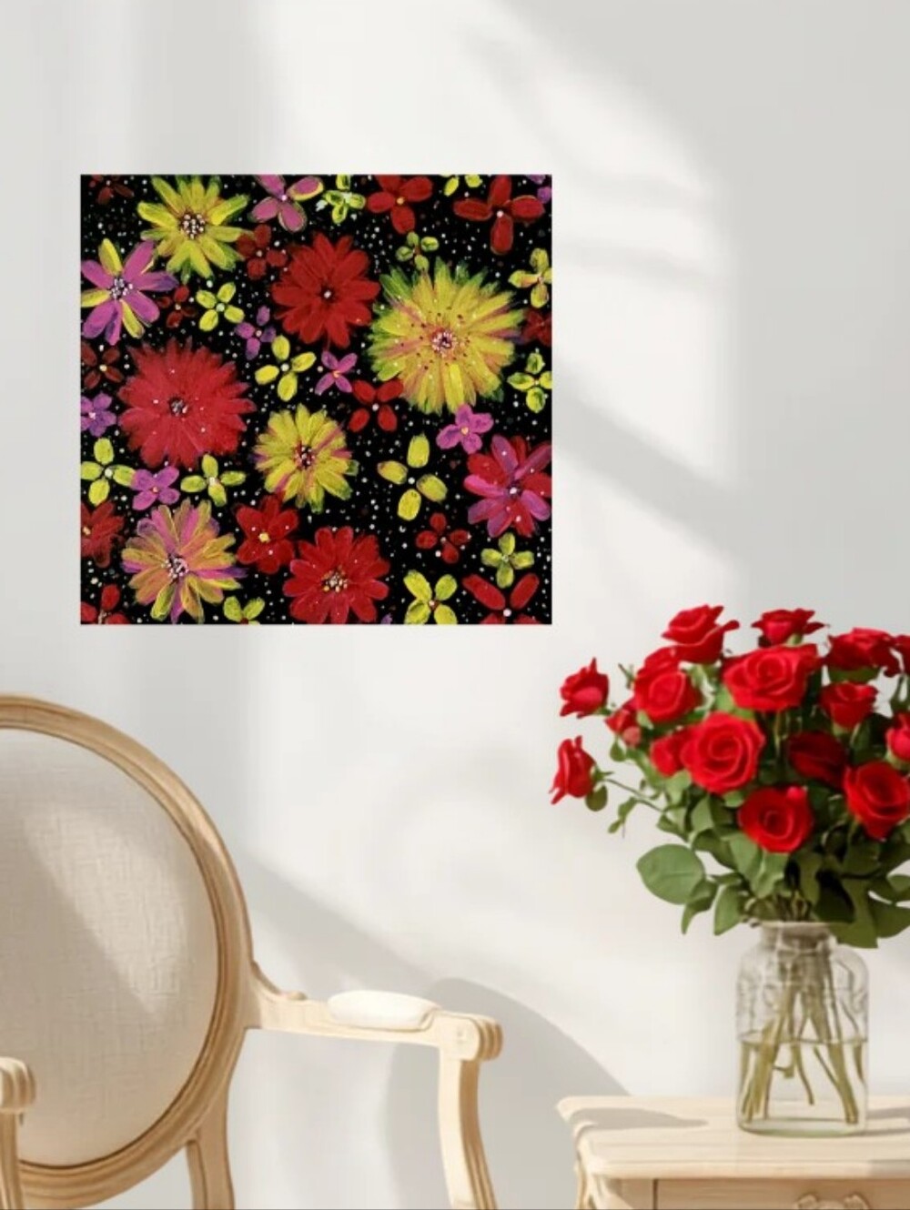 Hand Crafted Abstract Red Yellow and Black 12x12 Inches Wall Art Canvas Painting